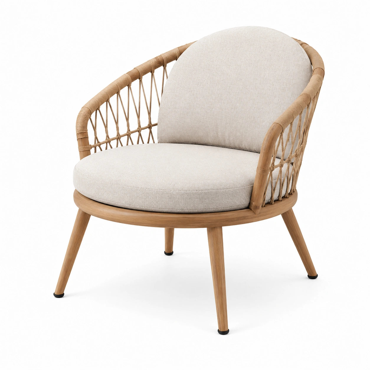 Poltrona da giardino in legno e rattan con cuscino in tessuto beige