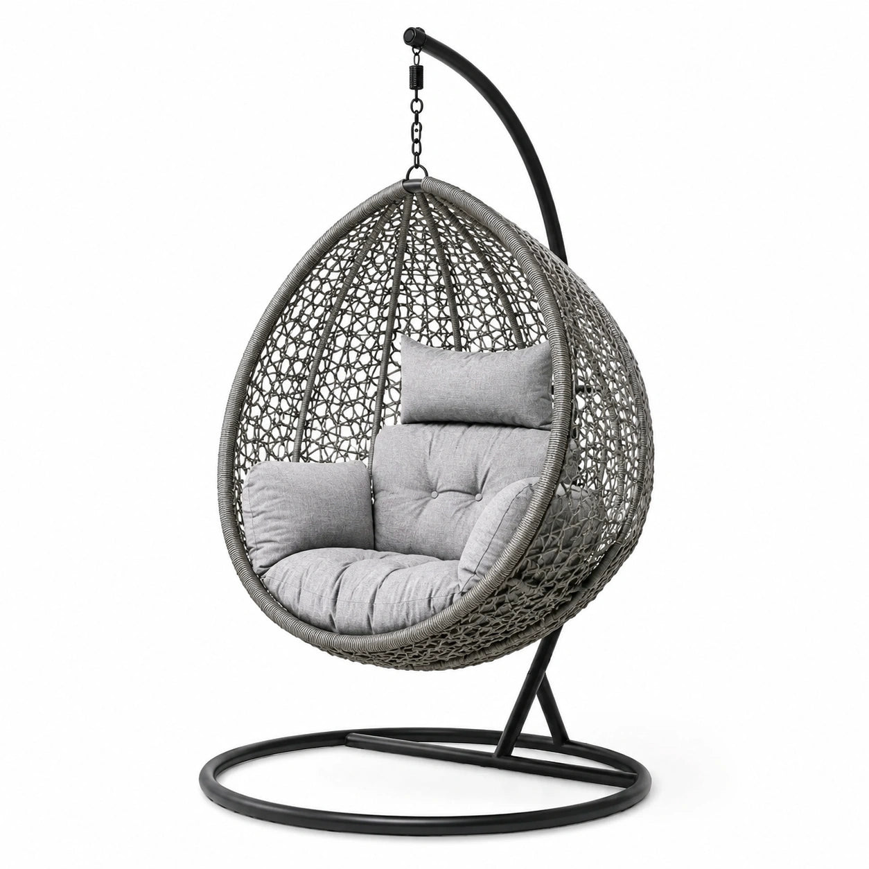 Sedia sospesa in rattan sintetico con base in acciaio e cuscini grigi in poliestere