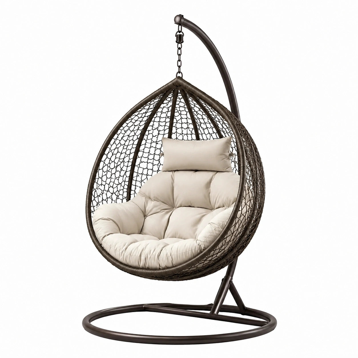 Poltrona sospesa in rattan sintetico con cuscino beige, struttura in acciaio marrone