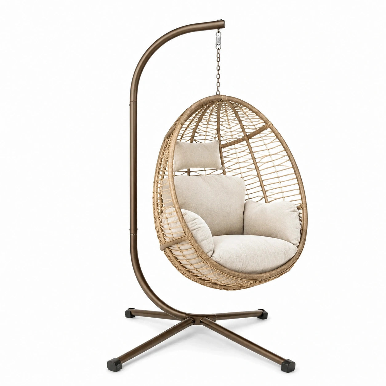Poltrona sospesa in rattan con cuscino in tessuto crema e struttura in metallo