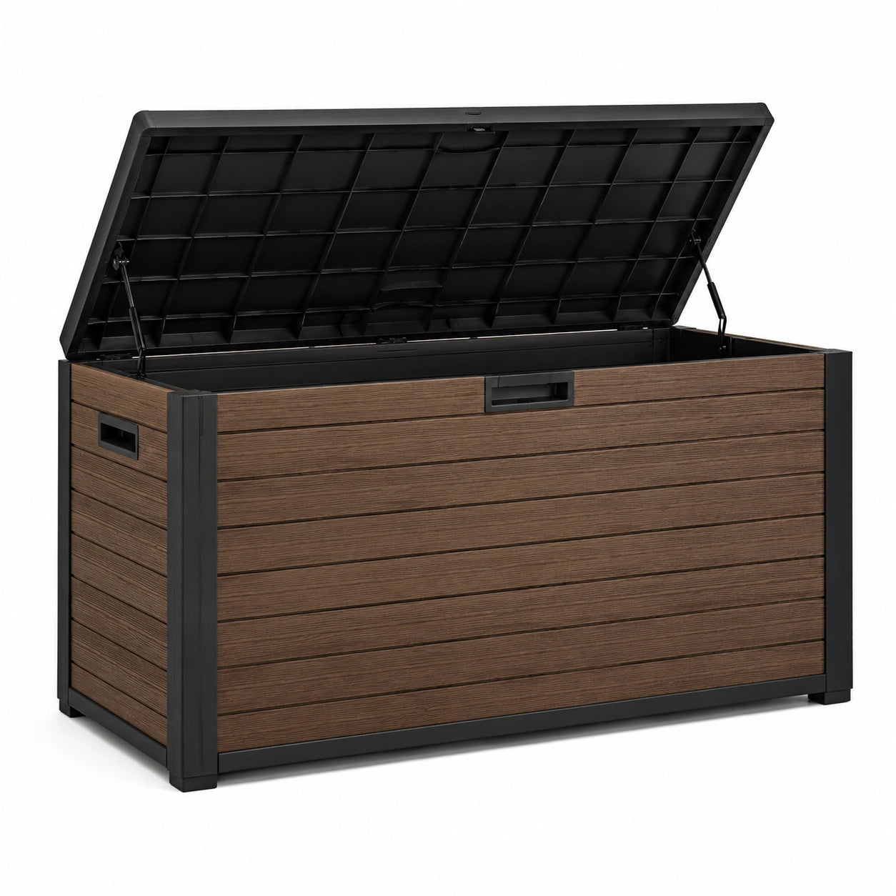 Baule da giardino in plastica effetto legno e metallo 120x56x63 cm