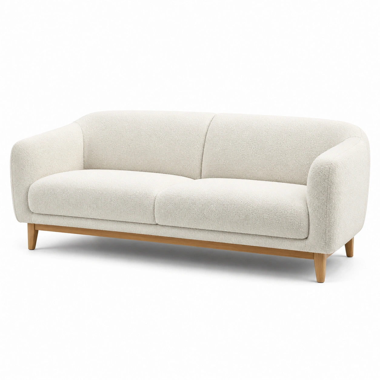 Divano in tessuto bouclé bianco con struttura in legno
