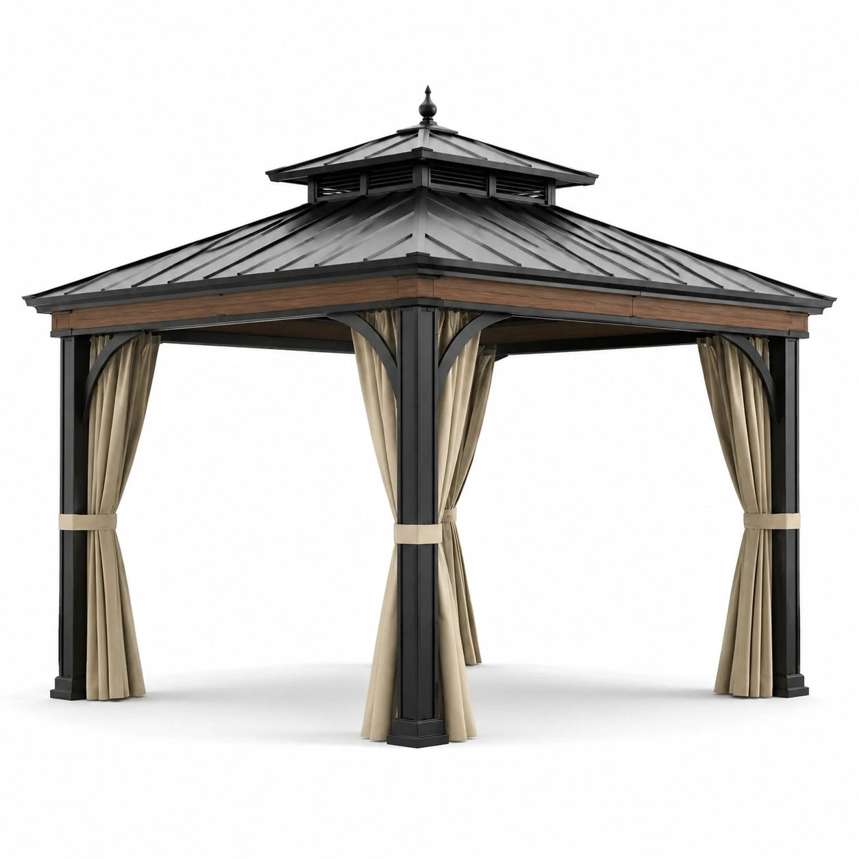 Gazebo in acciaio e alluminio con tende in poliestere 300x300 cm nero/beige