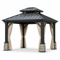 Gazebo da giardino in metallo con tetto in acciaio e tende in poliestere
