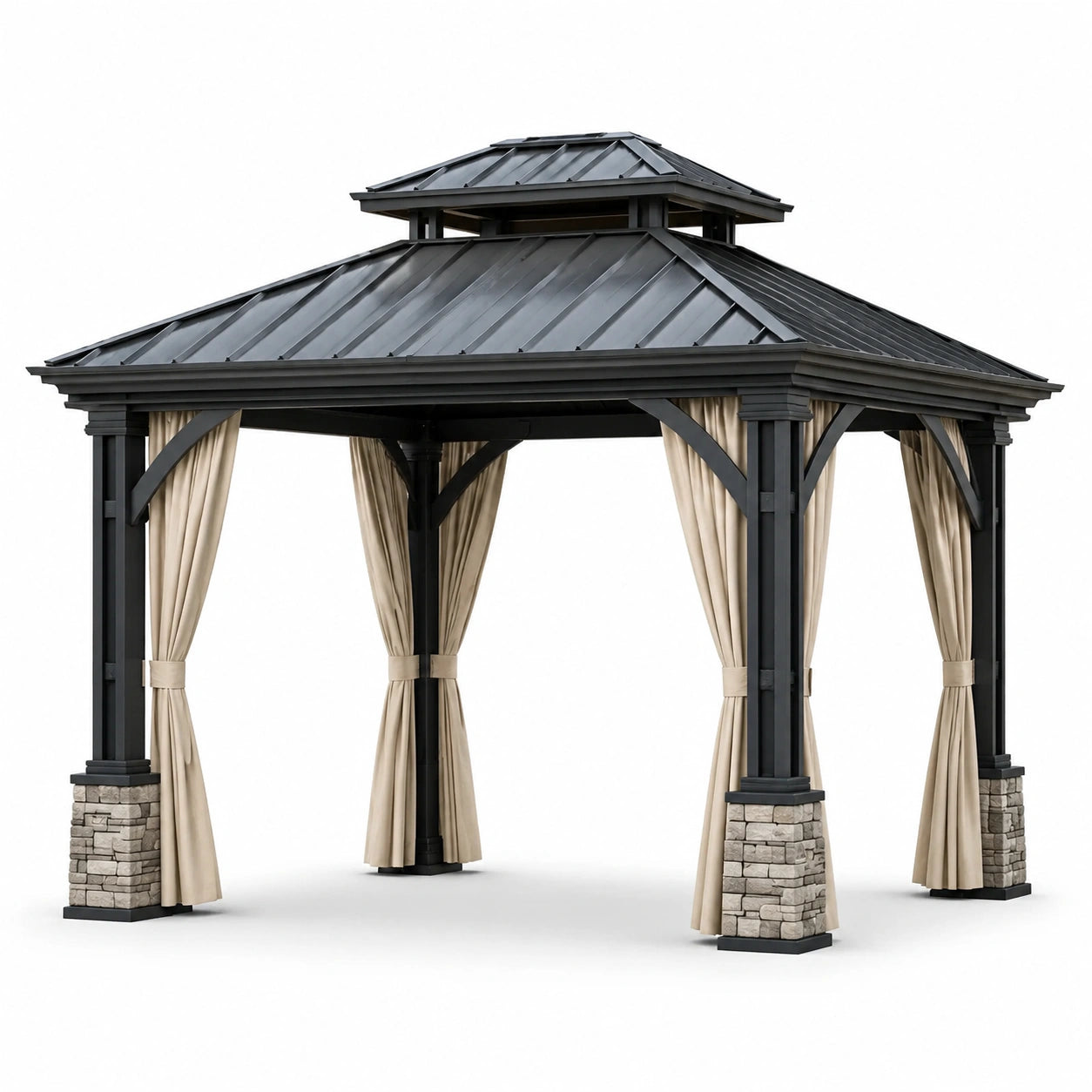 Gazebo da giardino in metallo con tetto in acciaio e tende in poliestere