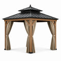 Gazebo in Legno con Tetto in Acciaio e Tende in Poliestere