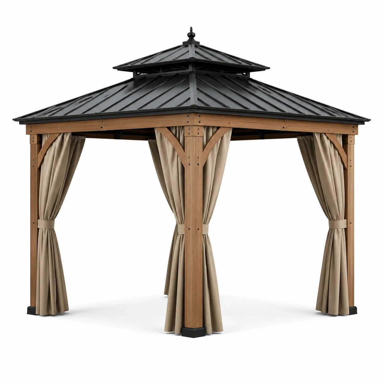 Gazebo in Legno con Tetto in Acciaio e Tende in Poliestere