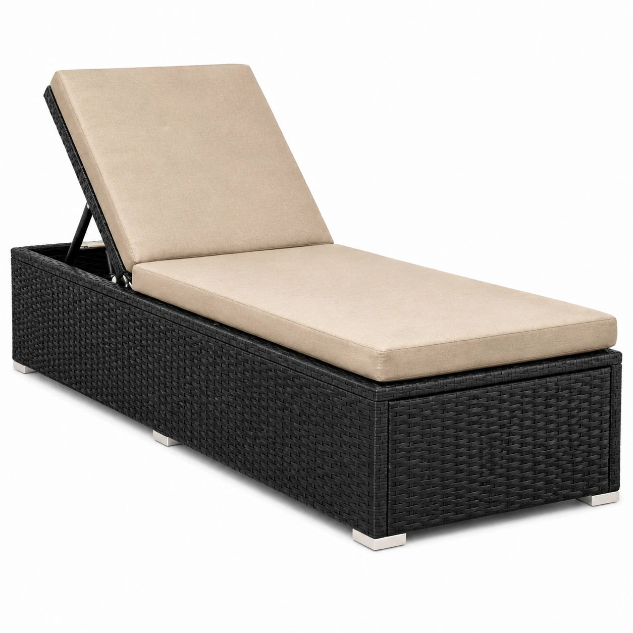 Lettino prendisole in rattan con cuscino regolabile nero e beige