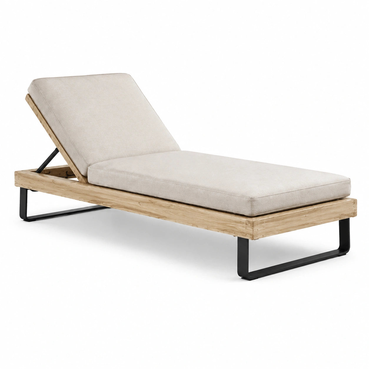 Lettino prendisole in teak e metallo con cuscino in poliestere beige