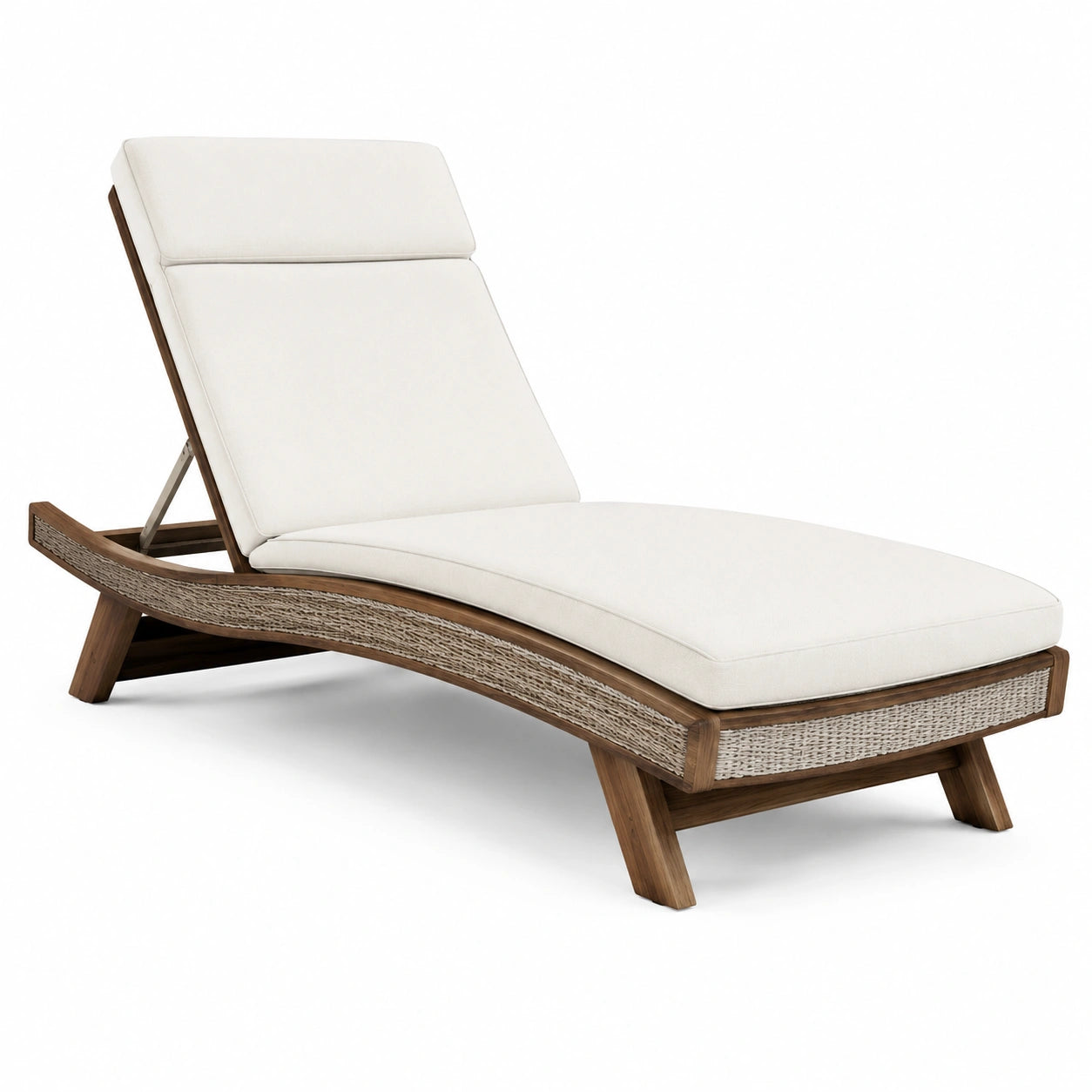 Lettino prendisole in legno di teak e rattan con cuscini in poliestere beige 200cm