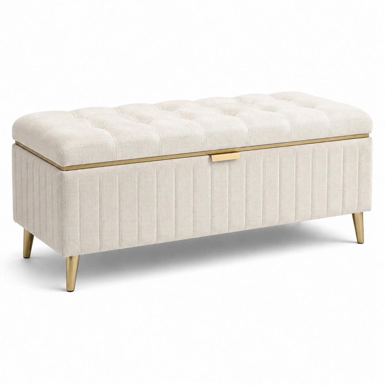 Panca contenitore in tessuto beige con gambe in metallo dorato