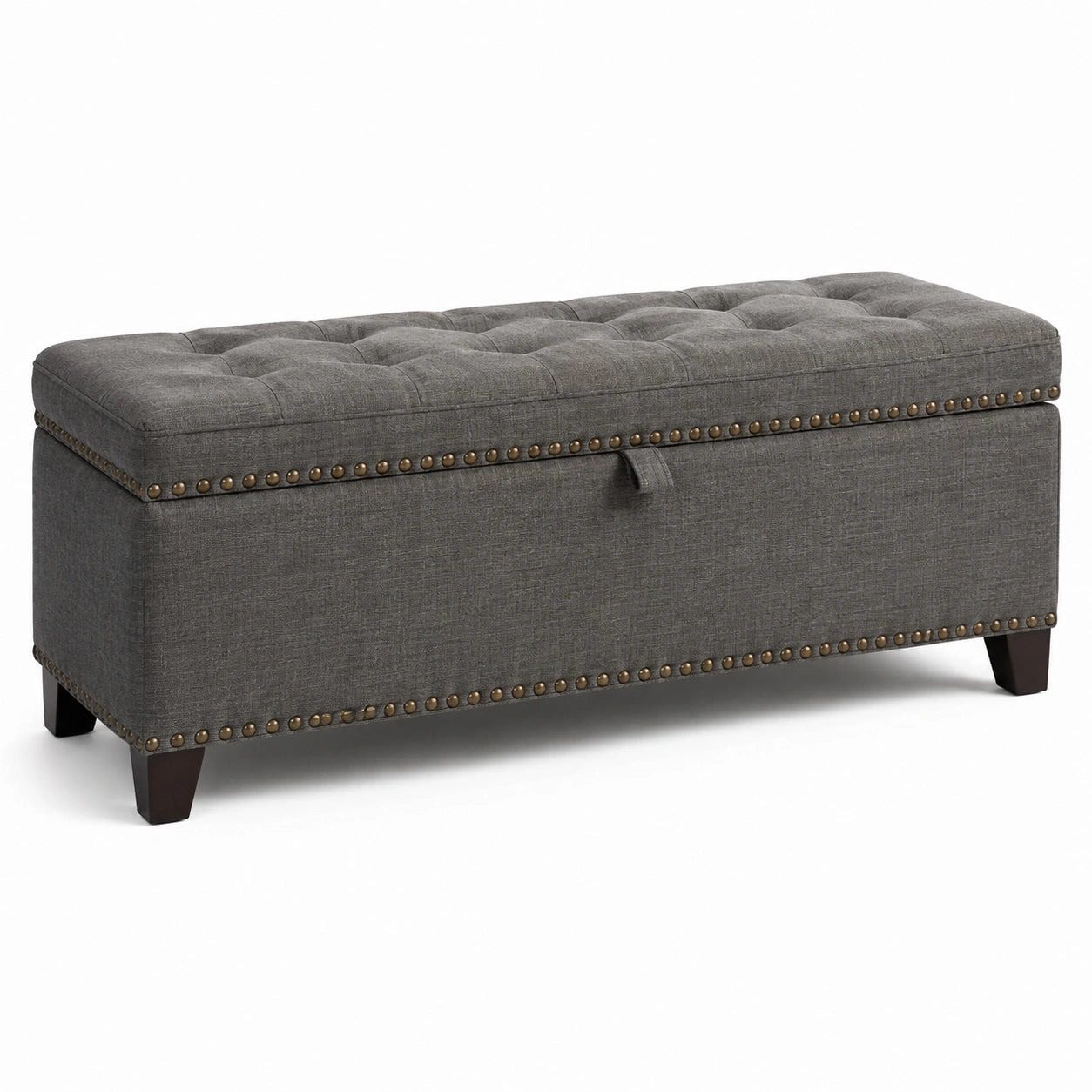 Panca contenitore in tessuto poliestere grigio con gambe in legno e bottoni decorativi