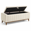 Panca contenitore in tessuto beige con gambe in legno