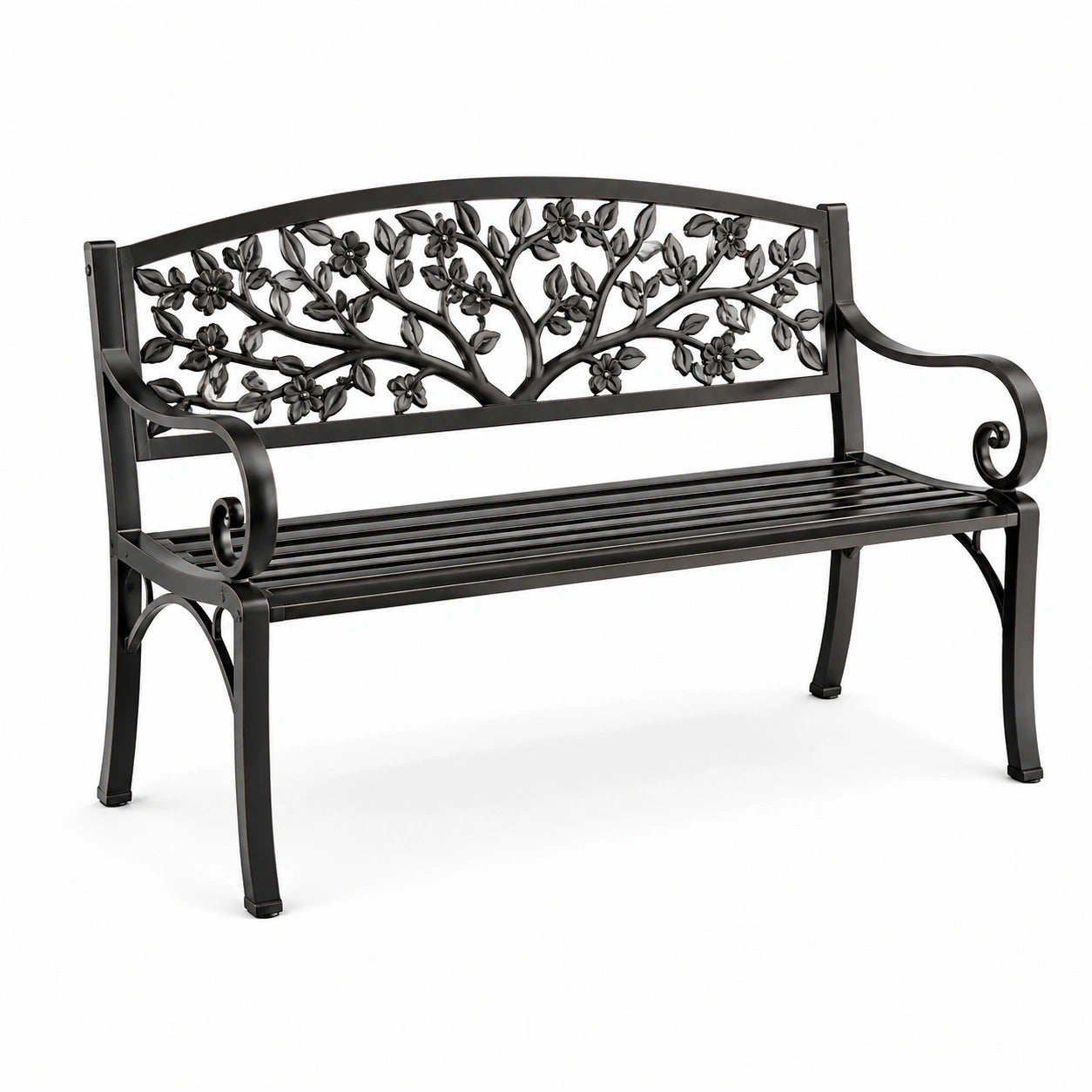Panca da giardino in metallo nero con schienale decorato